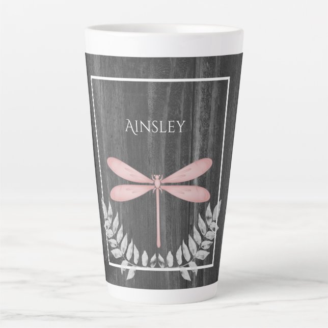 Rosa Libelle Rustikale Personalisierte Latte-Tasse Milchtasse (Vorderseite)