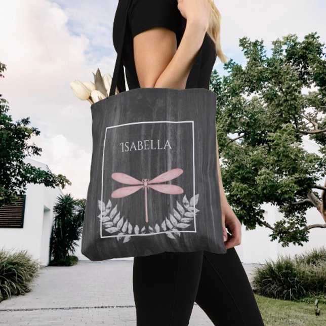 Rosa Libelle Rustikale Personalisierte Tote Tasche (Pink Dragonfly Rustic Personalized Tote Bag)