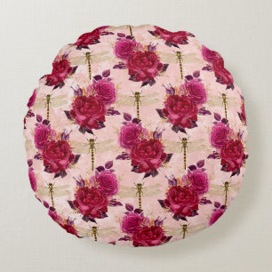 Rosa Libellen und Rose Rundes Kissen