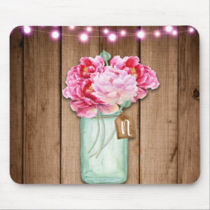 Rosa Lichterkette & Mason Jar Blumen Rustikales Ho Mousepad