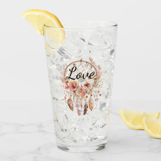 Rosa Liebe Boho Blumen Feathers Dream Catcher Glas (Vorderseite Ice)