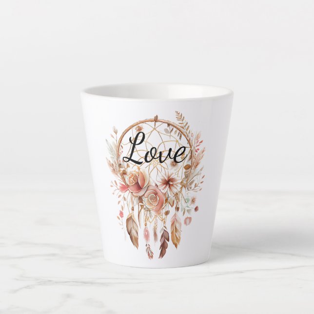 Rosa Liebe Boho Blumen Feathers Dream Catcher Milchtasse (Vorderseite)
