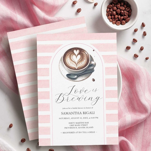 Rosa Liebe Braut Brautdusche Einladungen (pink love is brewing coffee bridal shower theme invitations on sale @ small business do tell a belle)