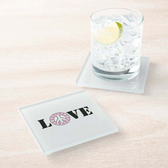 Rosa Liebe Friedensherzen Glasuntersetzer (Schrägansicht)