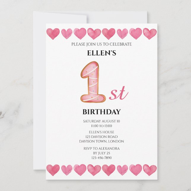 Rosa Liebe Herz 1. Geburtstag Foto Einladung (Vorderseite)