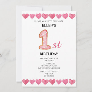 Rosa Liebe Herz 1. Geburtstag Foto Einladung