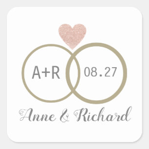rosa Liebe Herz & Hochzeitsringe personalisiert Quadratischer Aufkleber