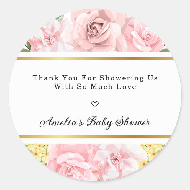 Rosa Liebe mit Blumenmuster und Dank Babydusche Runder Aufkleber (Vorderseite)