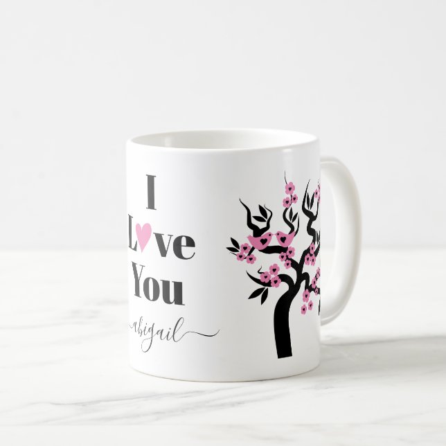 Rosa Liebesvögel Sakura Kirschbaum und Blüte Kaffeetasse (VorderseiteRechts)