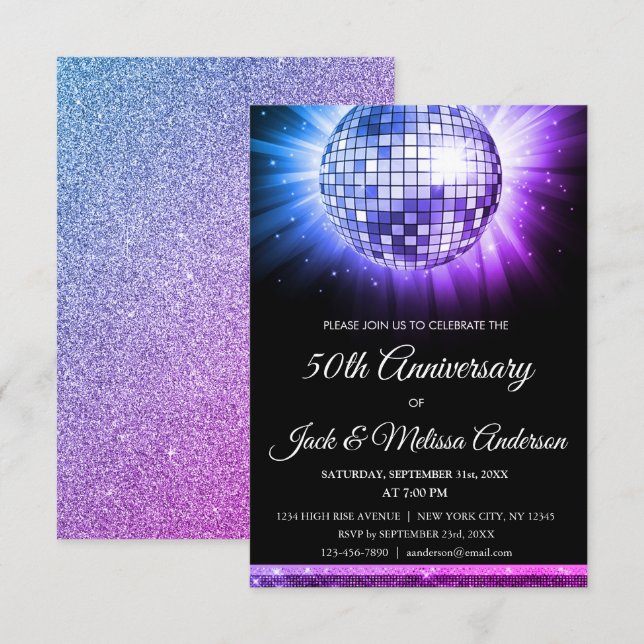 Rosa Lila 50 Jahre Party Disco Ball Einladung (Vorne/Hinten)