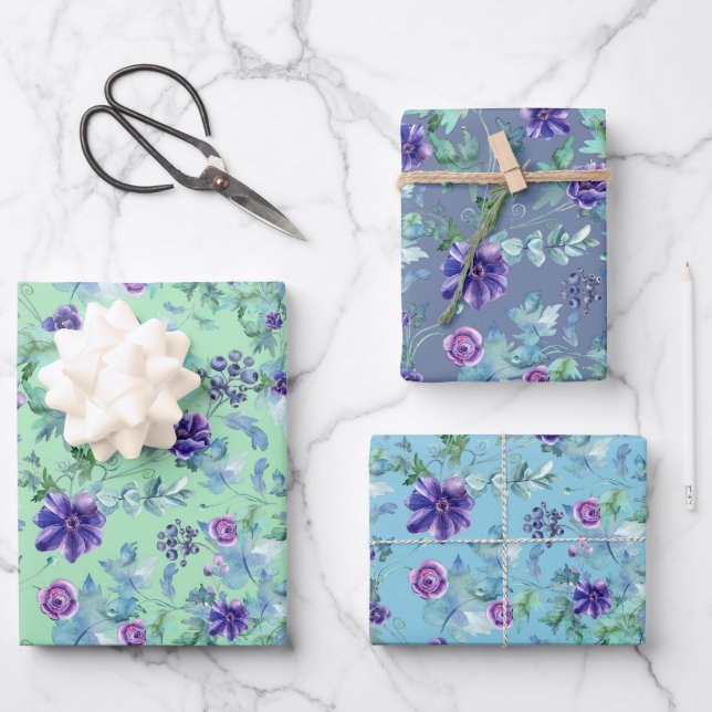 Rosa Lila Anemonen Frühling Brautparty Geschenkpapier Set (Vorderseite)