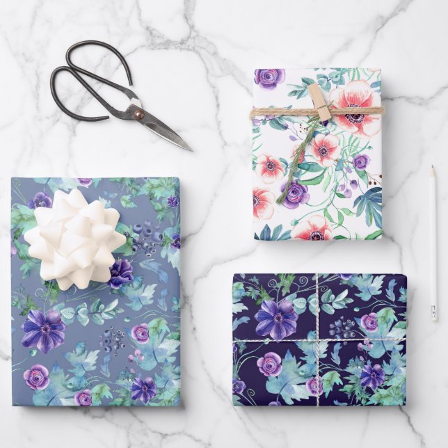 Rosa Lila Anemonen Frühling Brautparty Geschenkpapier Set (Vorderseite)