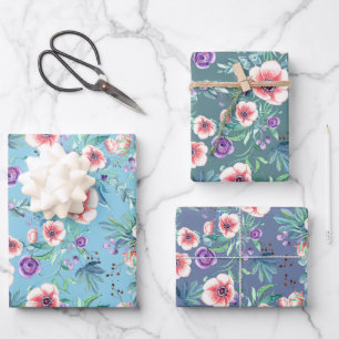 Rosa lila Anemonen Frühling Outdoor Brautparty Geschenkpapier Set
