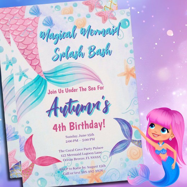 Rosa Lila Aquamarine Meerjungfrau Schwanz Geburtst Einladung (Mermaid Splash Bash Birthday Invite for an Under the Sea Party that will be unforgettable )