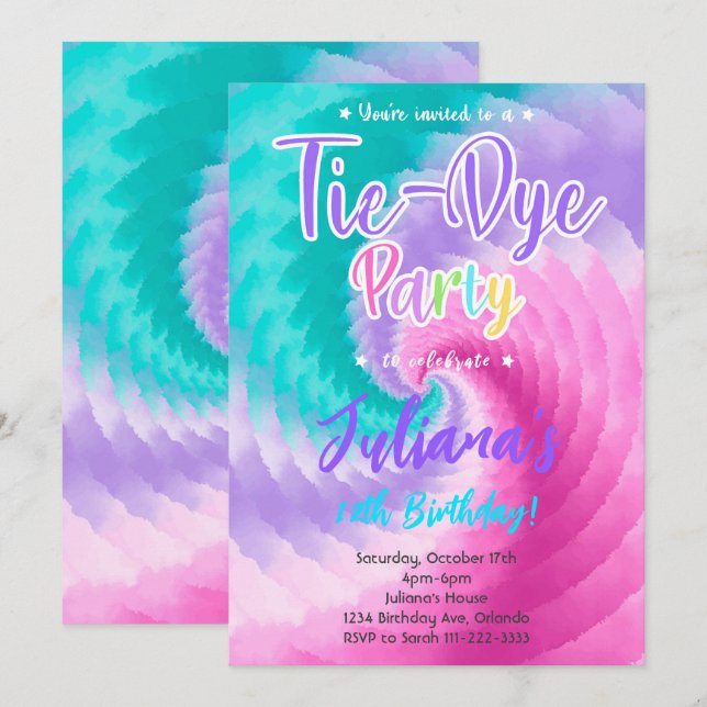 Rosa Lila Aquamarine Tiedye Birthday Einladung (Vorne/Hinten)