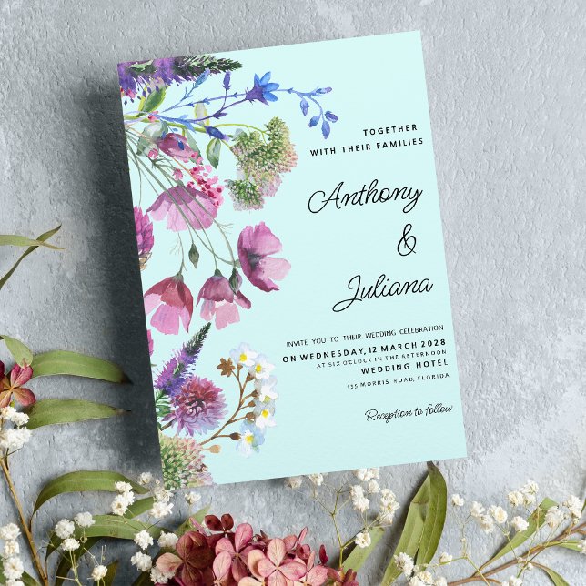 Rosa Lila Aquamarine Wildblume Sommerhochzeit Einladung (Pink Purple Teal Wildflower Summer Wedding)