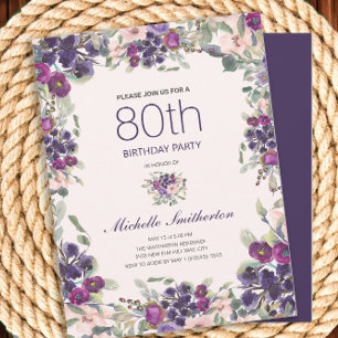 Rosa lila Aquarell-Blumen 80. Geburtstag Einladung