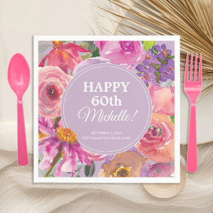 Rosa Lila Aquarellblume 60. Geburtstag Serviette