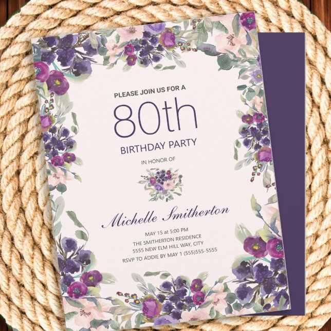 Rosa Lila Aquarellblume 80. Geburtstag Einladung (Rustic purple and pink watercolor floral 80th birthday party invitation for women.)