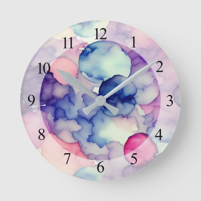 Rosa Lila Aquarellfarbe Fusion Runde Wanduhr (Vorderseite)