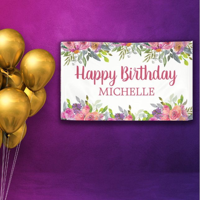 Rosa Lila Aquarellfarben Blütenglücklich Geburtsna Banner (Pink and purple watercolor floral "Happy birthday" banner personalized with a name.)