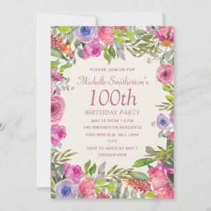 Rosa Lila Aquarellfarben Wildblumen 100. Geburtsta Einladung
