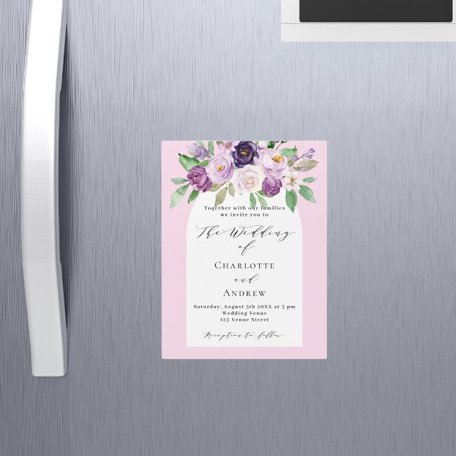 Rosa lila Aquarellfloralen Bogen Luxus Hochzeit Magneteinladung (Von Creator hochgeladen)
