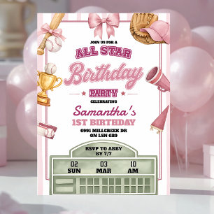 Rosa-lila Baseball-Thema All-Star-Geburtstag für M Einladung