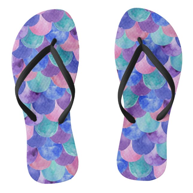 Rosa Lila Blau Aquamarine Wasserfarbe Meerjungensk Flip Flops (Fußbett)