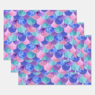 Rosa Lila Blau Aquamarine Wasserfarbe Meerjungensk Geschenkpapier Set