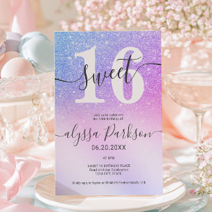 Rosa Lila Blau Faux Glitter Sweet 16 Einladung