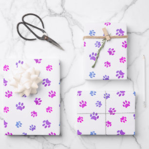 Rosa Lila Blau Pfotenabdruck Muster Geschenkpapier Set