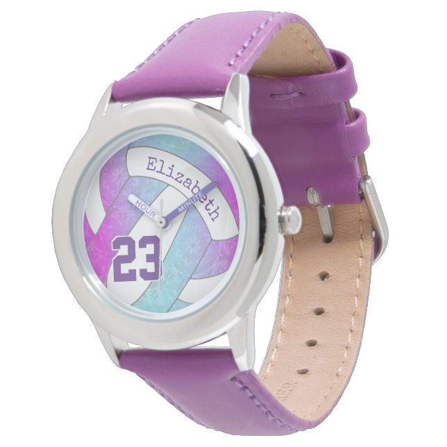 Rosa lila-blaue, farbige Girl-Volleyball Armbanduhr (Schrägansicht)