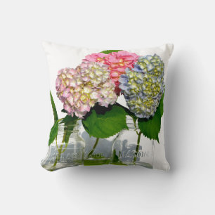 Rosa lila-blaue Hydrangeas und Mason-Glas Kissen