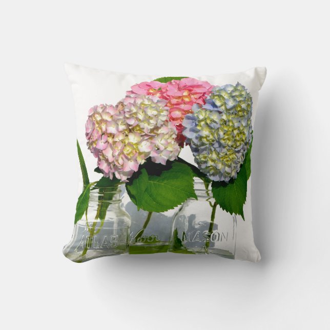 Rosa lila-blaue Hydrangeas und Mason-Glas Kissen (Vorderseite)