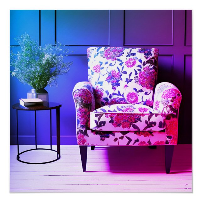 Rosa lila-blauer Stuhlstuhl mit Kunstlampe Poster (Vorderseite)