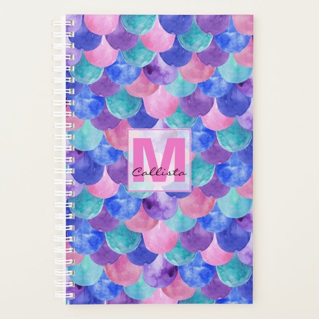 Rosa Lila blaues Aquarellfarben-Monogramm Planer (Vorderseite)