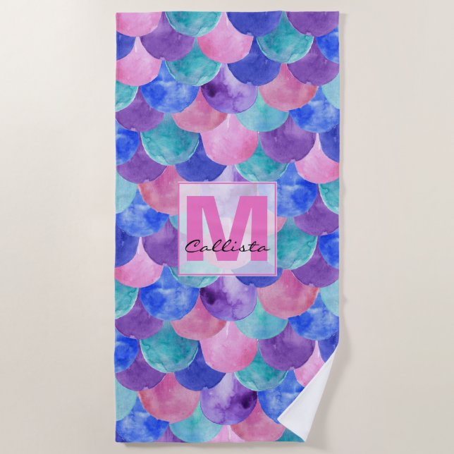 Rosa Lila blaues Aquarellfarben-Monogramm Strandtuch (Vorderseite)