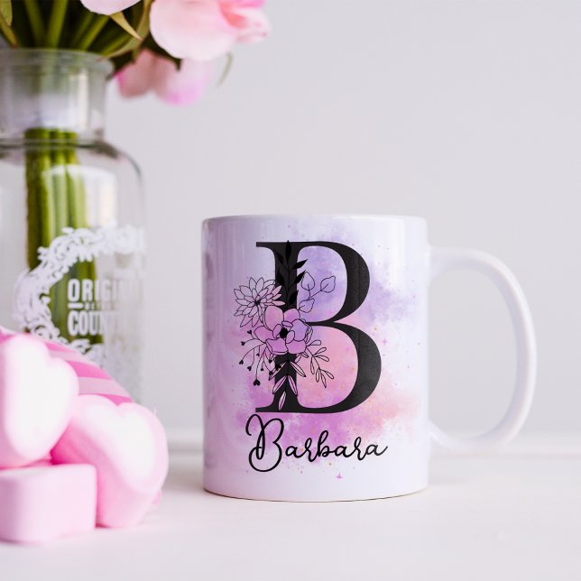 Rosa Lila blorschwarze Buchstaben Monogramm B Kaffeetasse (Von Creator hochgeladen)