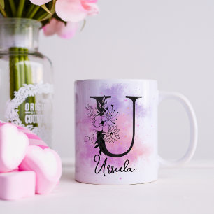 Rosa Lila blorschwarze Buchstaben Monogramm U Kaffeetasse