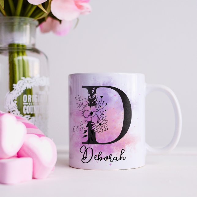 Rosa Lila blorschwarze Buchstabenmonogramm D Kaffeetasse (Von Creator hochgeladen)