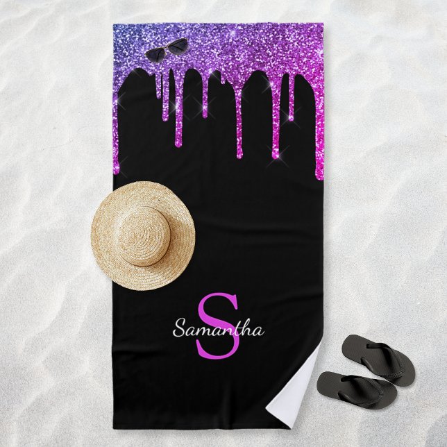 Rosa Lila Blue Glitzer Tropfen Schwarzer Monogramm Strandtuch (Pink Purple Blue Glitter Drips Black Monogram Name Beach Towel)