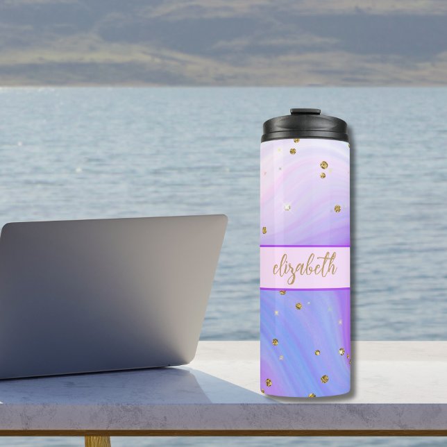 Rosa Lila Blue Gold Glitzer Monogram Thermosbecher (Monogrammed pink purple blue gold glitter thermal tumbler. Gift for her)