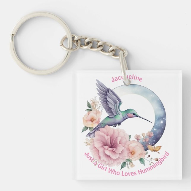 Rosa Lila Blume Hummingbird Personalisierter Name Schlüsselanhänger (Vorderseite)