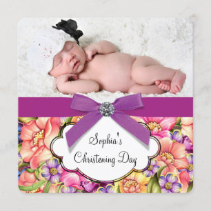 Rosa lila Blumen Baby Mädchen Foto Taufe Einladung