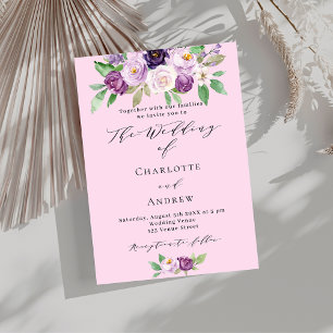Rosa lila Blumen Grüne Schrift Luxus-Hochzeit Einladung