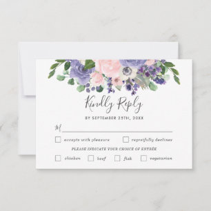 Rosa lila Blumen-Hochzeits-Menü-Wahl-RSVP-Karte RSVP Karte