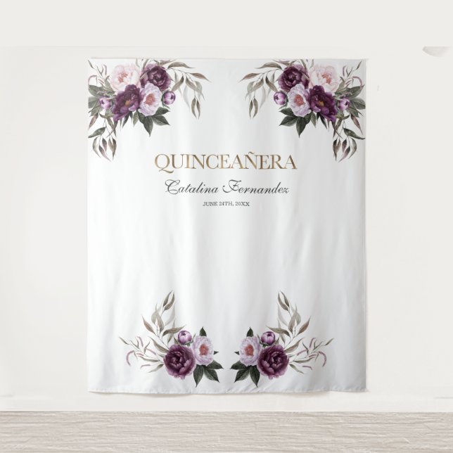 Rosa Lila Blumen Rose Gold QUINCEAÑERA Prop. Wandteppich (Vorderseite)