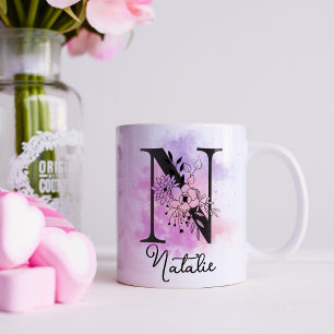 Rosa Lila Blumen Schwarz Buchstabe Monogramm N Kaf Kaffeetasse