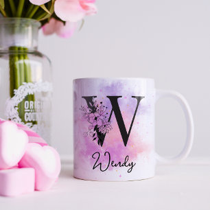 Rosa Lila Blumen Schwarz Buchstabe Monogramm W Kaffeetasse